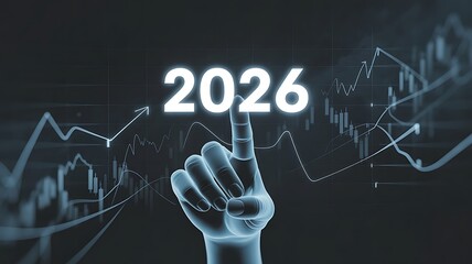 A futuristic concept of technology and finance is showcased with a digital hand touching the year 2026 on a dark background