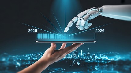 Artificial intelligence hand touching a digital tablet screen showing a progress bar from 2025 to 2026 over a cityscape