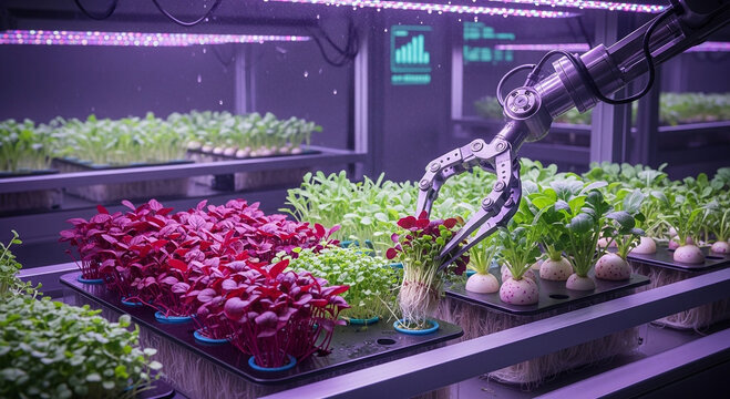 A robotic arm tending to a hydroponic farm, showcasing automated plant care and cultivation.