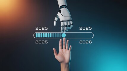 A robot hand touches a human hand, symbolizing the transition from 2025 to 2026, with a loading bar in between them