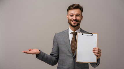 Smiling man presenting blank clipboard and gesturing copy space on gray background