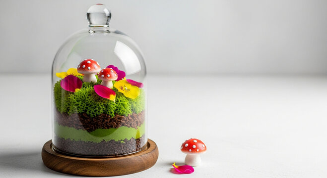 A whimsical dessert resembling a miniature forest terrarium with mushroom decorations.
