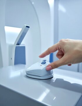 Human finger presses button on medical device, blue and white room