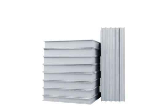 A stack of white books and a single white book standing upright isolated on transparent background