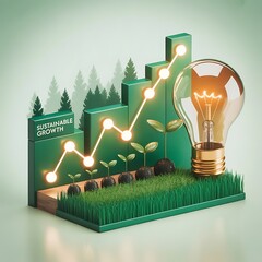 Sustainable growth concept with light bulb, plants, and graph, illustrating ecofriendly development and environmental responsibility