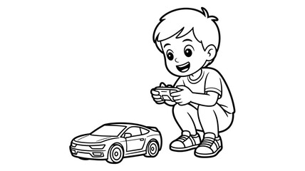 Joyful boy playing with a remote control car, enjoying childhood fun and imagination, a classic toy for kids, vector illustration
