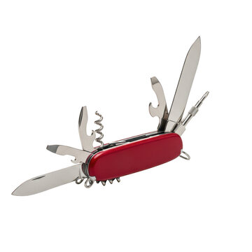 Red multi tool pocket knife with silver metal blades and tools open on background image