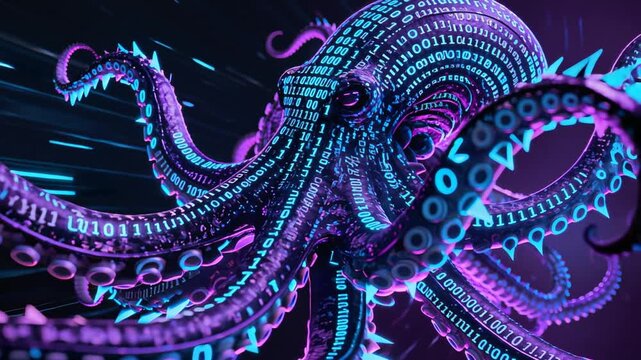 Futuristic digital octopus with binary code body and tentacles surrounded by glowing binary data streams in purple and blue cybernetic environment. Dynamic technological visualization