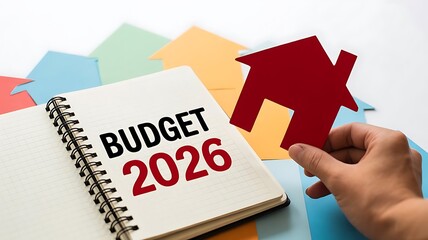 Budget 2026 concept with colorful paper house shapes and a hand holding a red house isolated on white background