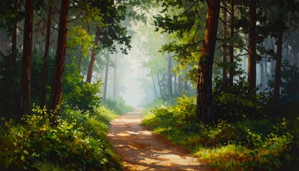 Obraz premium Sunlit Path Through a Lush Green Forest Landscape.