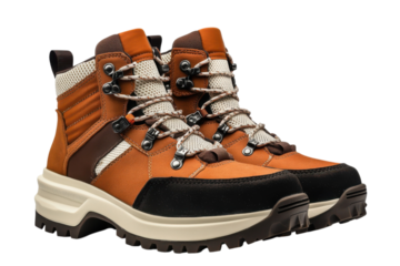 Pair of stylish brown and orange hiking boots with thick soles for outdoor adventures and rugged terrain on transparent background
