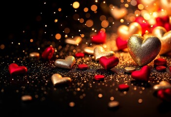 Gold and red hearts, bokeh lights on a black background