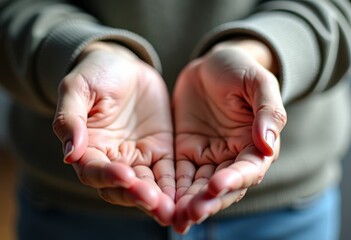 An elderly woman's outstretched, open hands begging for help