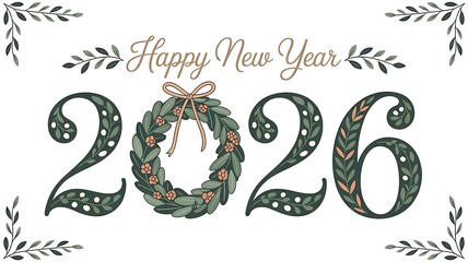 Happy new year 2026 greeting card isolated on white background, featuring a festive wreath and elegant typography for seasonal celebrations