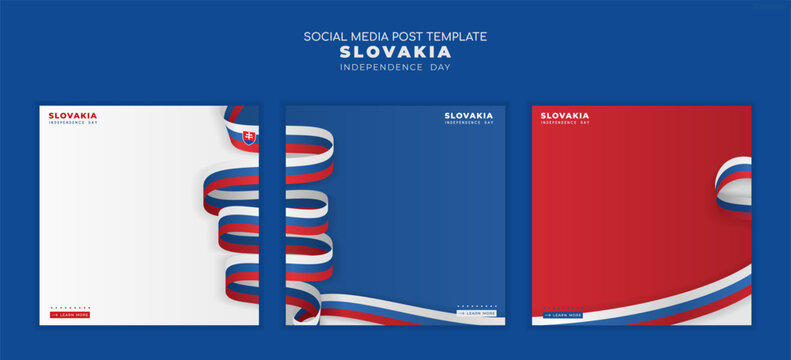 Set of carousel posts with realistic white, blue, and red flag ribbons on a white, blue, and red background