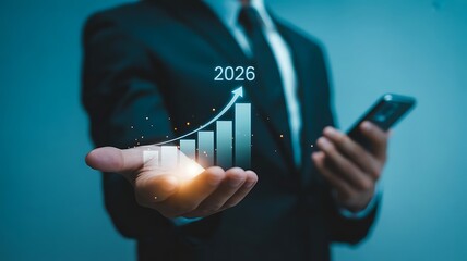 A businessman holding a graph showing growth towards the year 2026, symbolizing business success, financial goals, and future planning