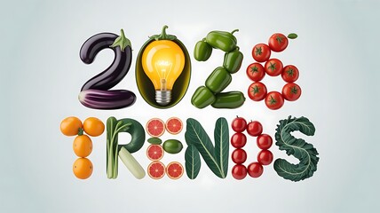 A creative display of 2026 trends using various fruits and vegetables isolated on white background, symbolizing health and innovation