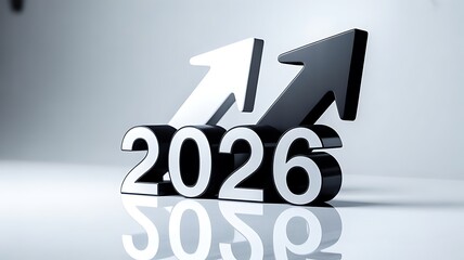 The year 2026 with upward arrows, isolated on white background, representing growth, progress, and positive trends for the upcoming year