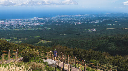Hallasan National Park, Jeju island, South Korea, vibrant view of trail with a wooden ladder path stairs, trekking and climbing, stairway to Halla mountain summit, hiking in Korea, Jeju-do, sunny day © tsuguliev