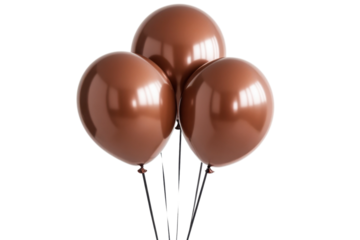 Three shiny brown balloons float against a black backdrop perfect for party decorations and celebrations on transparent background