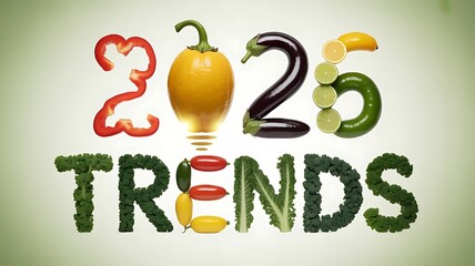 Food trends in 2026 are displayed with vegetables and fruits, representing healthy eating and culinary innovation for the future