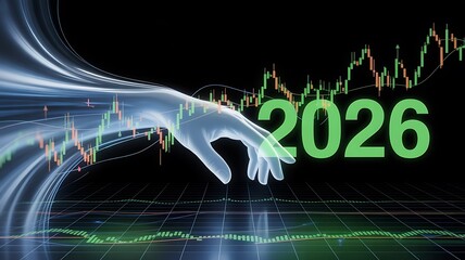 A futuristic stock market prediction for the year 2026 with a hand reaching out to touch the numbers on the screen