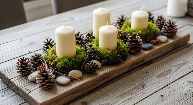 Rustic farmhouse table centerpiece with four white Advent candles surrounded by moss and pinecones