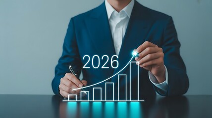 A businessman in a suit is drawing a graph with the year 2026, indicating positive growth and future financial success