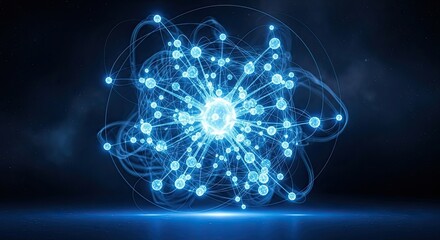 Abstract Blue Network Of Connected Particles And Orbits