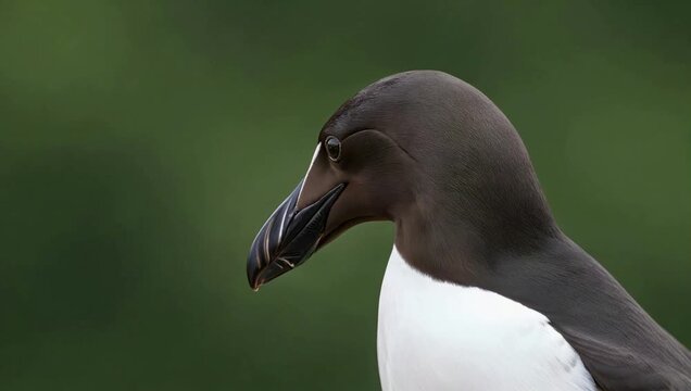 Razorbill close up portrait against green