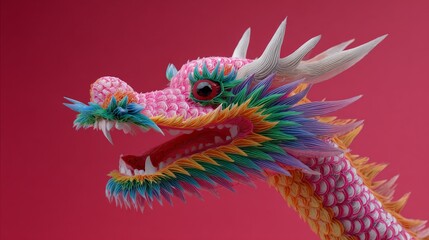 Fototapeta premium Colorful origami dragon with vibrant scales on red background