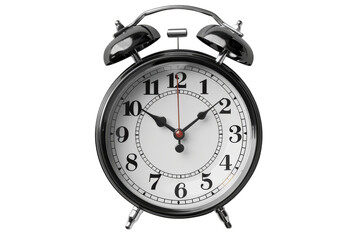 Classic chrome alarm clock showing ten ten on a white face against a stark studio shot on transparent background