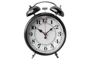 Classic chrome alarm clock showing ten ten on a white face against a stark studio shot on transparent background