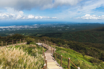Hallasan National Park, Jeju island, South Korea, vibrant view of trail with a wooden ladder path...