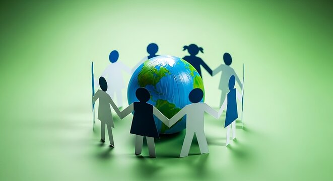 Diverse paper figures holding hands around a vibrant globe symbolizing global unity and interconnectedness - Powered by Adobe