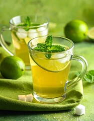 Fototapeta premium Refreshing Lime and Mint Tea - A Zesty Summer Drink.