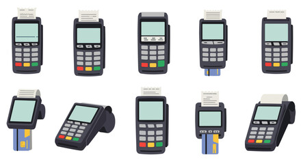 Collection of pointofsale POS payment terminal icons showing card insertion and receipt printing