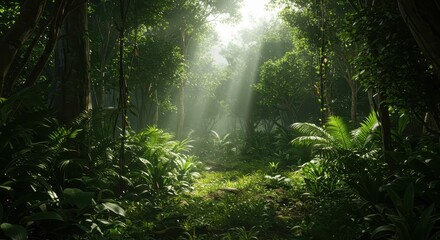 Obraz premium Lush green rainforest scene, bathed in natural sunlight, showcasing dense foliage and dappled light through the canopy, creating a serene and vibrant atmosphere of the natural world.