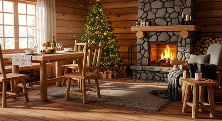 Festive log cabin dining room with a burning fireplace and decorated Christmas tree