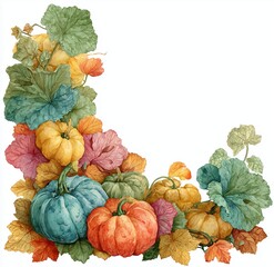 Colorful watercolor illustration of various pumpkins and vibrant leaves arranged in a corner, showcasing autumn harvest and seasonal beauty with ample copy space