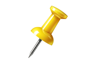 A bright yellow thumbtack with a metal pin, isolated on transparent background