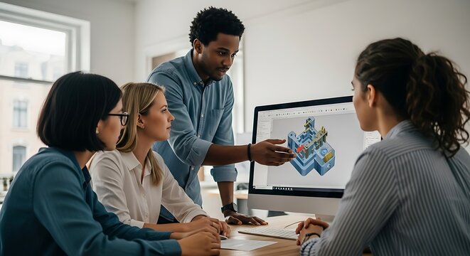 Diverse team collaborates around a computer screen displaying a business growth chart in a modern office setting