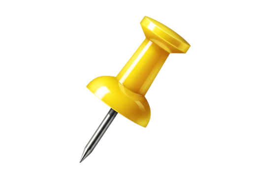 A bright yellow thumbtack with a metal pin, isolated on transparent background