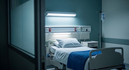 Empty hospital room with a medical bed iv pole and overhead lighting creating a sterile and quiet atmosphere