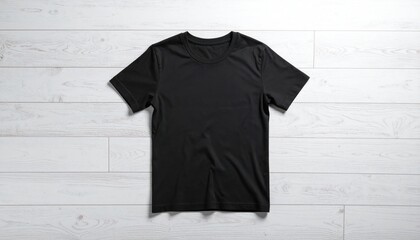 Black TShirt Mockup on White Wood Texture Background.