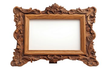 Ornate wooden picture frame with carved details showcasing a blank white space for artwork display on transparent background