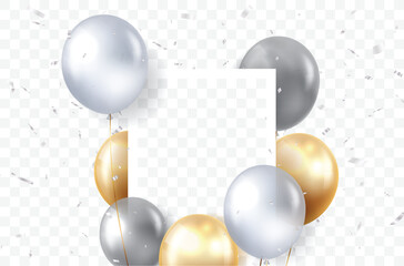 Gold and silver balloons with celebration confetti, with empty space for message