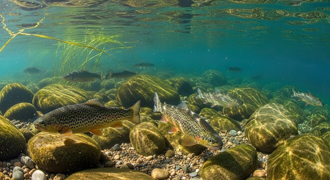 Underwater View Of Brown Trout Swimming In A Clear Rocky River