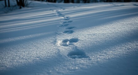 Obraz premium Footprints clearly mark a trail winding through the pristine, untouched snow, leading into the distance beneath the sun's crisp, cold, and shaded beams.