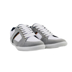 Clean and balanced pair of gray and white sneakers displayed from the front, offering a fresh friendly casual mood.